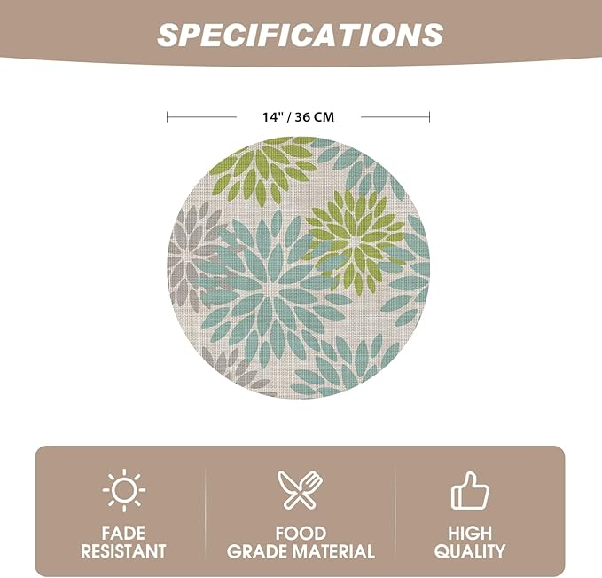 Artoid Mode Light Green Dahlia Plastic Round Placemats Set of 4, 14 Inch Seasonal Wipeable Woven Vinyl Table Mats for Farmhouse Party Kitchen Dining Decor