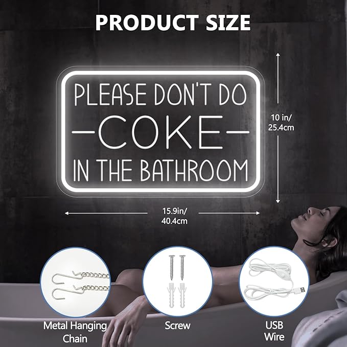 Please Don't Do Coke in The Bathroom Neon Sign for Wall Decor,USB Powered LED Neon Light with Adjustable Brightness,Light Up Sign for Party Decor,Bathroom,Christmas Gifts