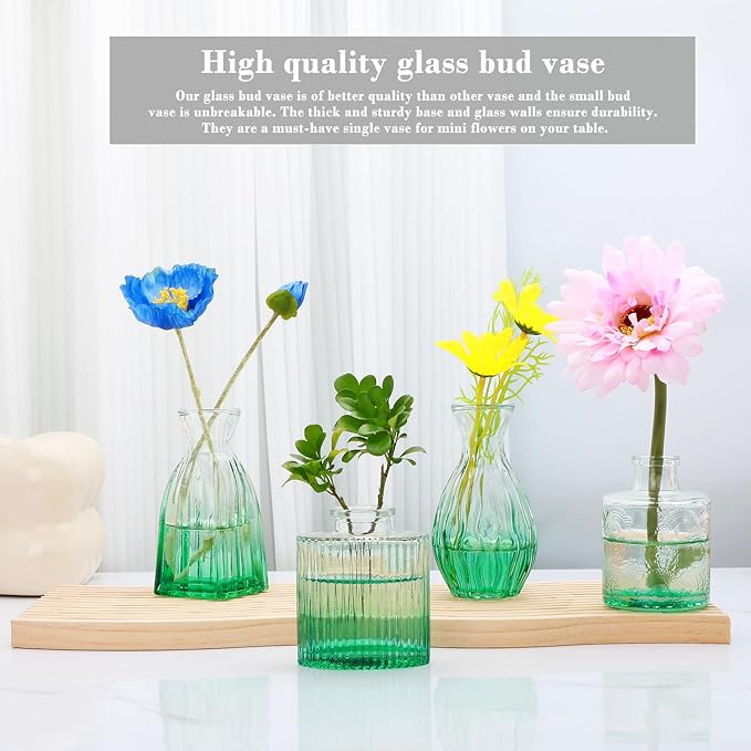 Mapoxy Glass Bud Vases Set of 4,Small Green Flower Vases for Wedding Centerpiece Table Decorations,Clear Vintage Embossed Mini Vases,Flower Arrangements in Vases for Party or Home Decor