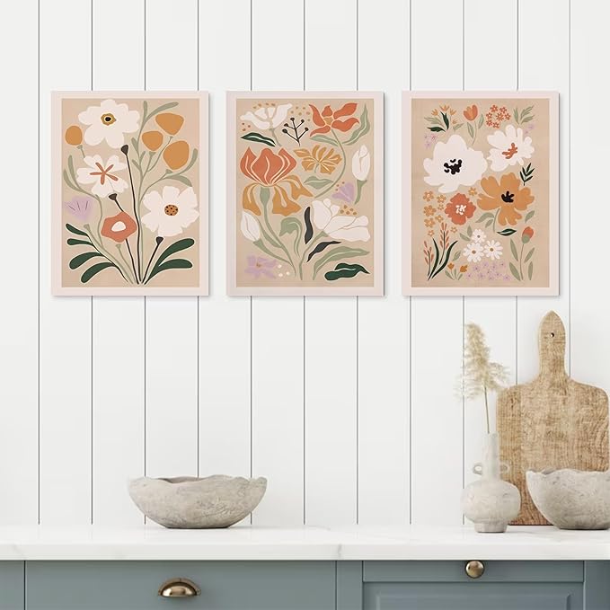 Framed Canvas Wall Art Set of 3, Minimalist Abstract Flower Floral Wall Art Farmhouse Decor, Boho Style Wall Decor Paintings, Modern Botanical Flower Art Print for Bathroom, Bedroom, Gallery, Living