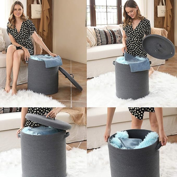 16" x 16" x 18" Extra Large Storage Basket with Lid, Cotton Rope Storage Baskets, Laundry Hamper, Cloth Bin, for Clothes Towels Blankets Pillows Storage in Living Room, All Dark Grey