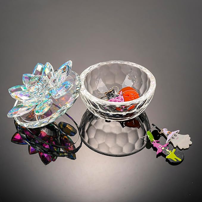 Crystal Jewelry Box Lotus Glass Jewelry Trinket Box with Lid Decorative Box to Ring Earrings Necklace Storage Holder for Home Decor(Dazzling Colors)