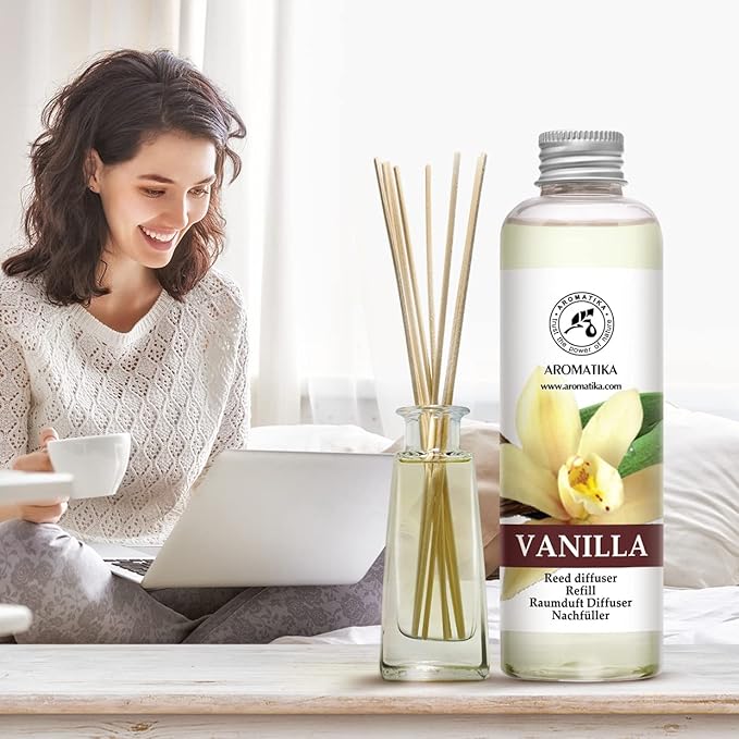 Vanilla Diffuser Refill w/Natural Essential Vanilla Oil 6.8 Fl Oz - Intensive - Fresh & Long Lasting Fragrance - Reed Diffuser Oil Refill Vanilla - for Aromatherapy - SPA - Home - Office - Fitness