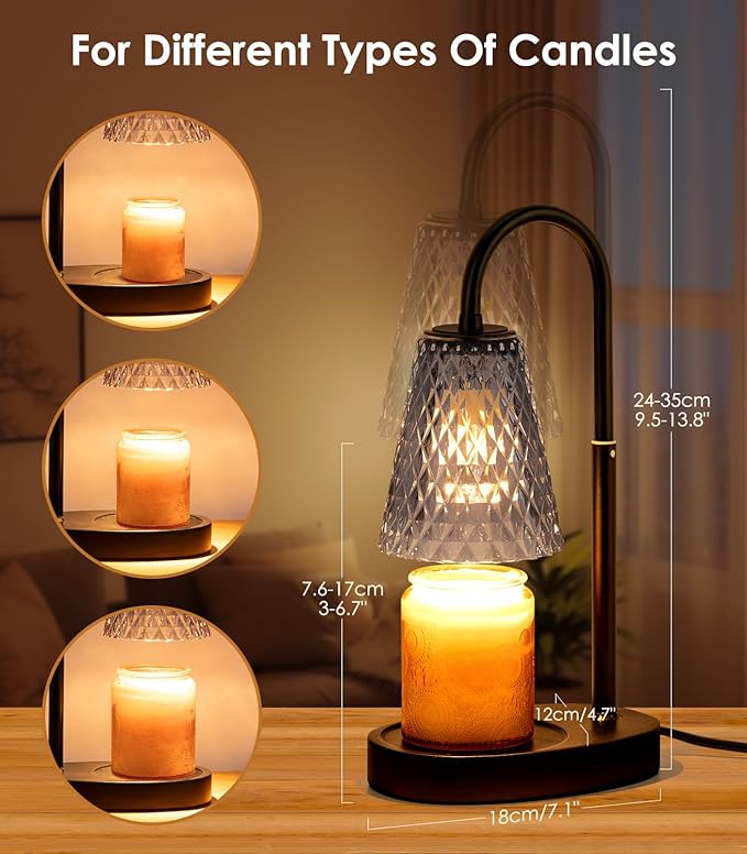 Candle Warmer with Timer - Electric Candle Warmer with Dimmer, Adjustable Height, Vintage Nightstand Lamp Sets (Diamond Pattern)