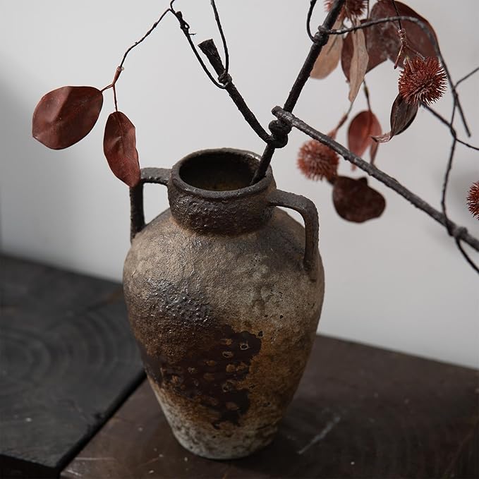 Ceramic Rustic Farmhouse Vase with 2 Handles, Brown 10" Vintage Distressed Clay Flower Vase, Pottery Terracotta Handmade Decor for Home Living Room Table Centerpiece