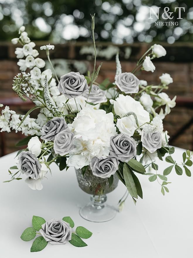 N&T NIETING Roses Artificial Flowers, 50Pcs Fake Flowers Foam Roses with Stems for DIY Wedding Bridesmaid Bridal Bouquets Centerpieces Party Home Decoration Baby Shower, Silver White and Silver Grey