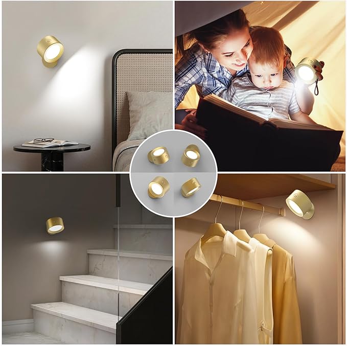 LED Wall Lights with Remote, 2 Pcs Rechargeable Wall Mounted Reading Sconces Lamp 3000mAh, 3 Colors & Dimmable Magnetic 360° Rotation Cordless Wall Lighting Spotlights for Bedroom Bedside Hallway