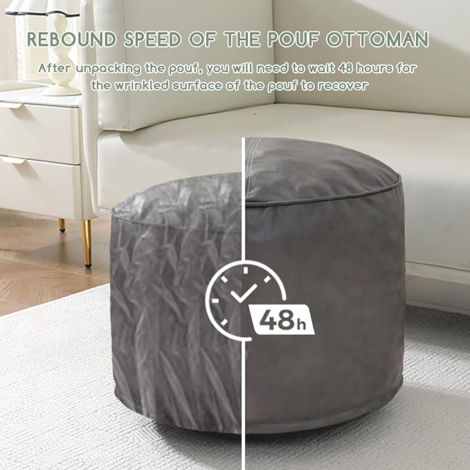 HIGOGOGO Round Stuffed Pouf Ottoman, Pu Leather Poufs with Foam Chunk Filling, Furry and Fluffy Pouf Foot Stool Storage Ottoman, 26 X 18 Floor Poufs Foot Rest for Living Room, Grey