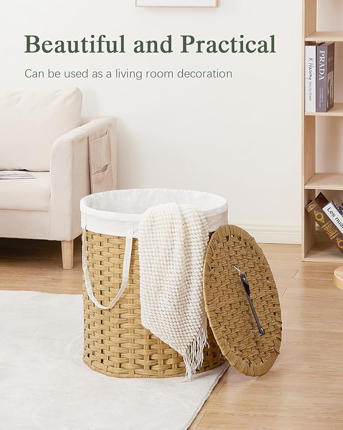Laundry Hamper with Lid Wicker Laundry Hamper Round 26.5 Gal (100 L) Laundry Basket Handwoven Rattan Laundry Basket with Removable Bag Handles 2 Mesh Bags for Living Room Bedroom Natural