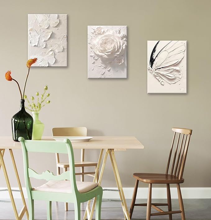 JiazuGo White Pink Butterfly Wall Decor - Modren Butterfly Flower Nursery Canvas Wall Art Contemporary Abstract Art Oil Painting Prints Bathroom Bedroom Home Decorations 12" X 16" X 3 Pieces