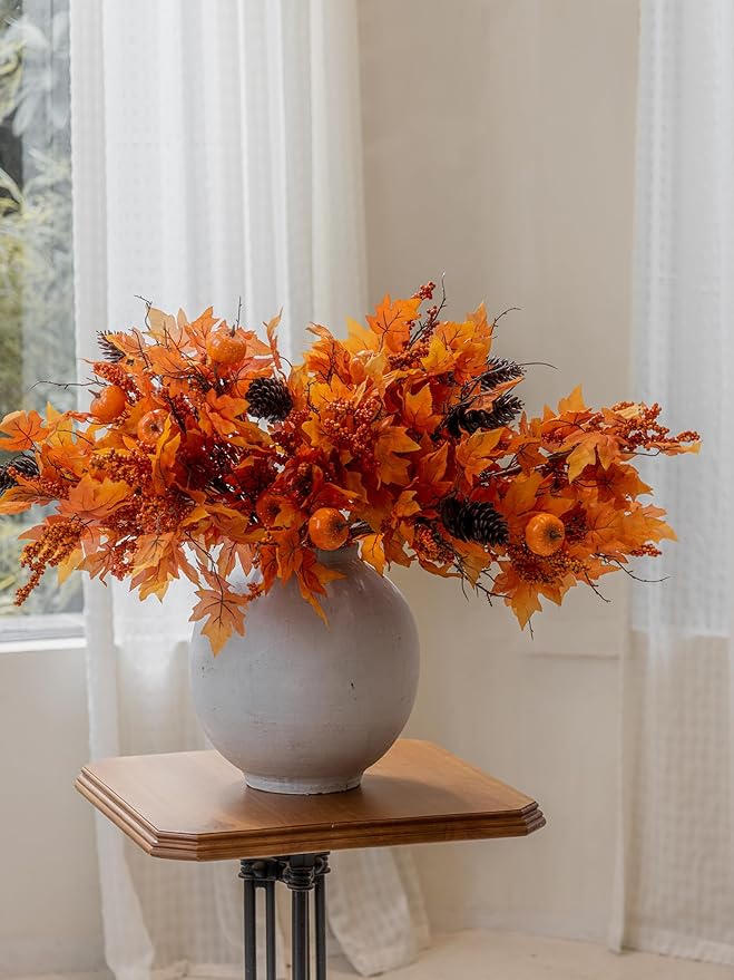 MISSPIN 7 PCS 30 inch Orange Artificial Fall Maple Leaf Decor Stems, Fall Decorations Indoor Outdoor Halloween Thanksgiving Farmhouse Arrangement Decorations for Wedding Centerpieces in Autumn