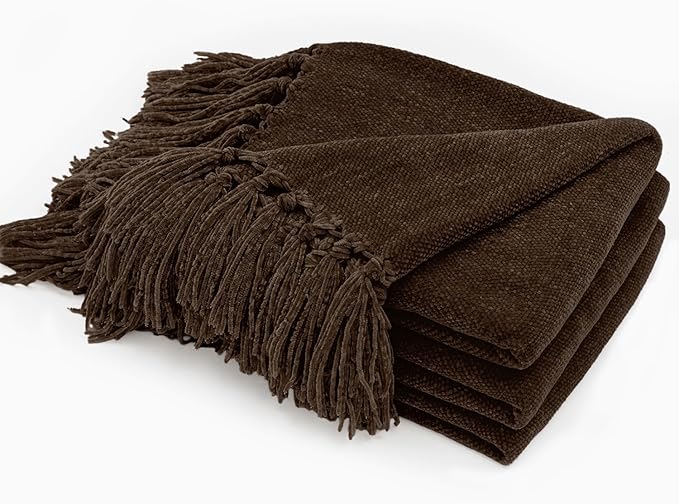 EVERGRACE Soft Chenille Throw Blanket for Couch, Cozy Plush Fuzzy Decorative Chenille Knit Throw Blanket with Tassels, Lightweight Blanket and Throws for Bed Sofa Gift Home Decor, Dark Brown 50"x60"