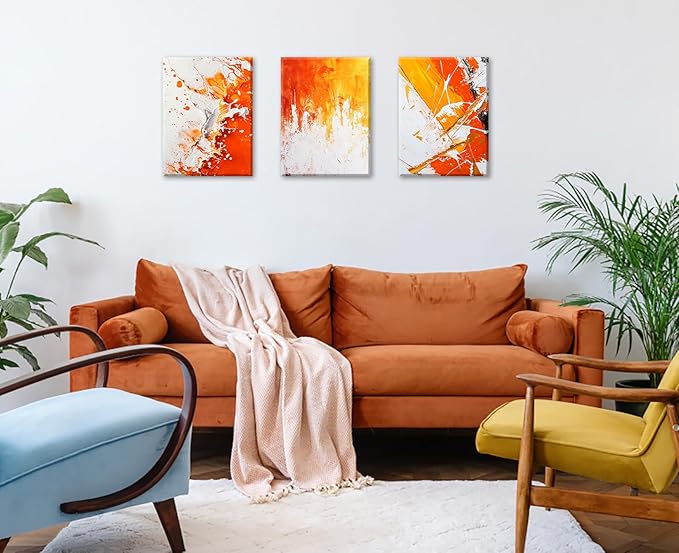 JiazuGo 3 Piece Modern Abstract Canvas Wall Art - Burnt Orange Textured Paintings for Bedroom and Bathroom Decor, Aesthetic Fall Room Decorations Ready to Hang
