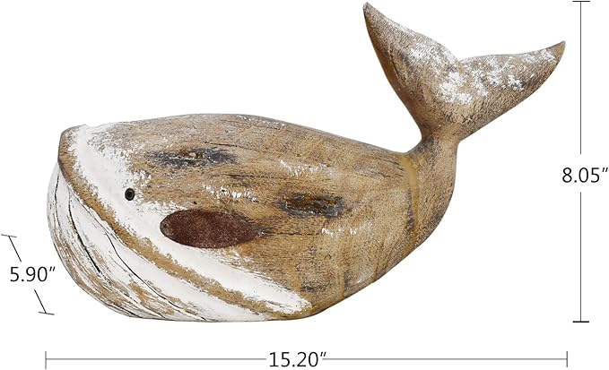 K KILIPES Wood Whale Statue Beach Table Decor for Home, Rustic Hand Carved Wood Sculpture Whale Figurine Coastal Centerpiece Nautical Ocean Decorations (Brown, M L)