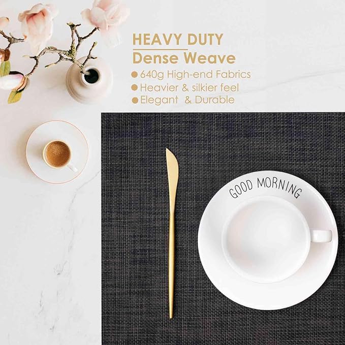 GIVERARE Placemats Set of 4, Heat-Resistant Woven Vinyl Placemat 12x18in, Non-Slip Washable PVC Table Mat, Easy to Clean Premium Plastic Mats for Dining, Kitchen Table (Black/Gray)
