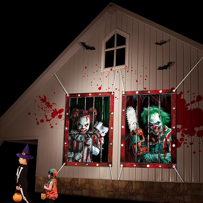 2 Pcs Halloween Clown Scary Curtain Halloween Window Silhouette Decoration Blood Ghost Window Cover Horror Theme Window Poster for Indoor Outdoor Party Wall Garage Door Decor