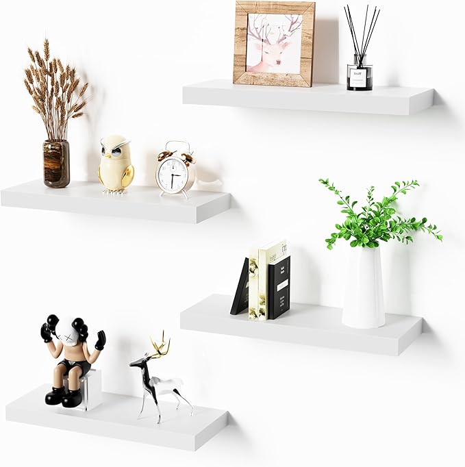 Bellsal Floating Shelves for Wall, White Engineered Wood Wall Shelf Set of 4, 16" Wall Mounted Floating Shelf for Kitchen, Living Room, Bedroom, Bathroom Storage, Book Shelf for Walls Home Decor