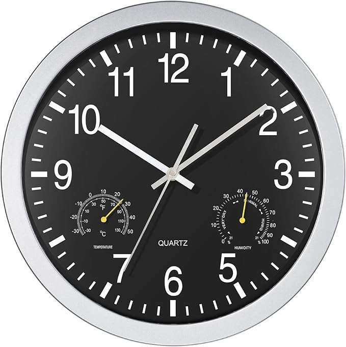 AYRELY® 12 inch Silent Wall Clock with Temperature & Humidity – Battery Operated Decorative Clock for Home, Kitchen, Bedroom (Black, 12 inch)