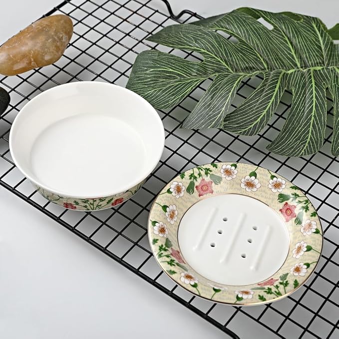Floral Decorative Self Draining Soap Dish, Double-Layer Round Soap Tray, Vintage Ceramic Soap Dish (Style B)