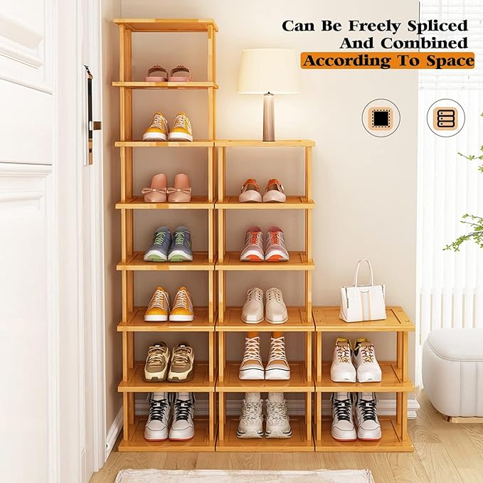 Bamboo Shoe Rack 12 Tier- Vertical Shoe Rack for Small Spaces, Tall Narrow Shoe Rack Organizer for Closet Entryway Corner Garage and Bedroom,Skinny Shoe Shelf with Free Stackable DIY