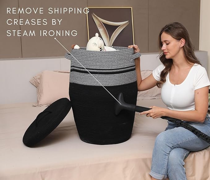 26" x 20" Tall Extra Large Storage Basket with Lid, Cotton Rope Storage Baskets, Woven Laundry Hamper with Cover, for Clothes Blanket in Living Room, Grey Mix/Black