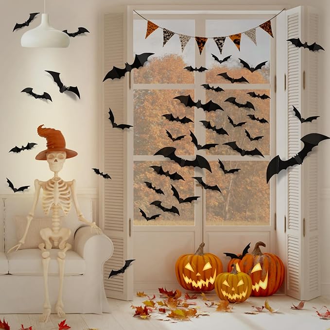 Bats Halloween Decorations: Halloween Bats Wall Decor 120pcs Bat Wall Decals PVC 3D Bat Scary Stickers Halloweens Party Decorations Indoor Outdoor DIY Home Window Door Decor