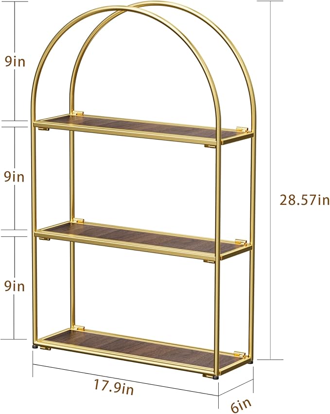 Crofy Gold Arched Frame Wall Shelf, Decorative 3 Tier Bathroom Wall Shelf with Walnut Finish Shelves and Robust Storage Capacity, 6" D x 17.9" W x 28.57" H