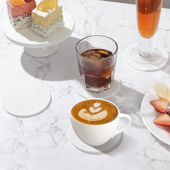 Silicone Coaster Set of 16 with Holder, Drinks Coasters, Beer & Coffee, Suitable for All Cups, Hot or Cold, Anti-Slip, Non-Stick, Anti-Overflow Tabletop Protection and Decor (White, 16 Pcs)