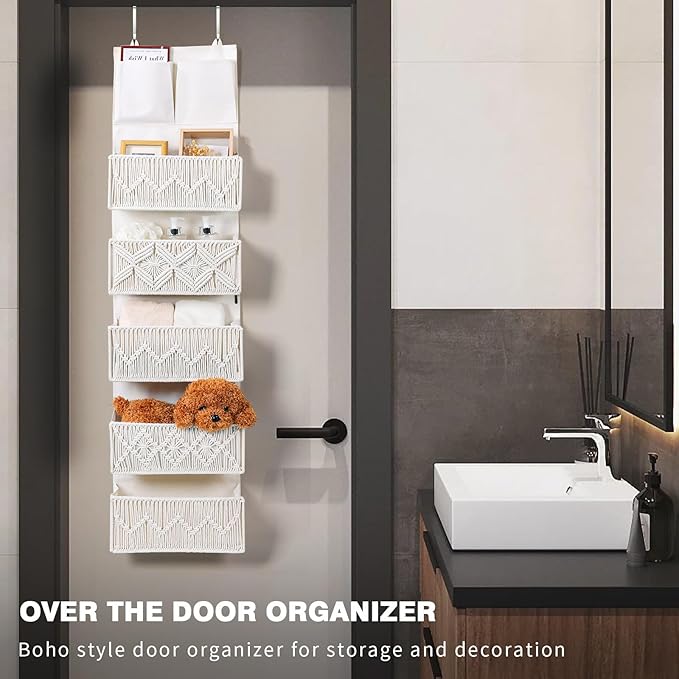 ANTIS'S HOME Over The Door Organizer Boho Decor Storage with 5 Large Woven Pockets, Detachable, Macrame Nursery Organizer and Toy Storage, Behind Door for Bathroom or Bedroom