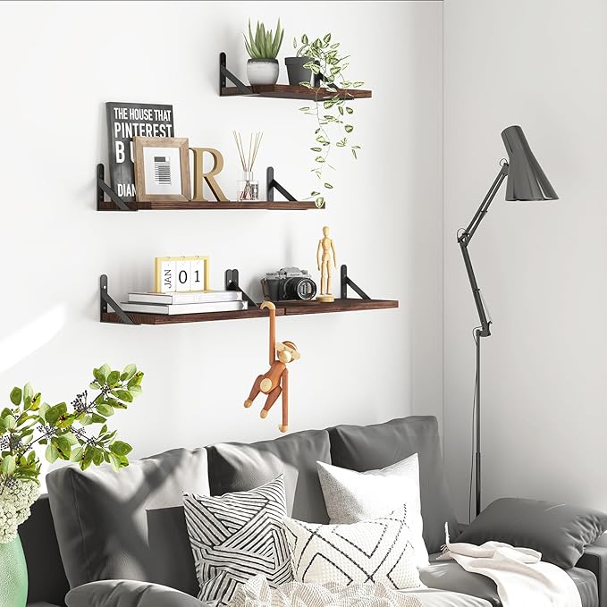 YGEOMER Floating Shelves for Wall, Different Sizes Dark Carbonized Pine Wall Shelves for Living Room, Bathroom, Bedroom, Kitchen, Home Decor (Set of 4)