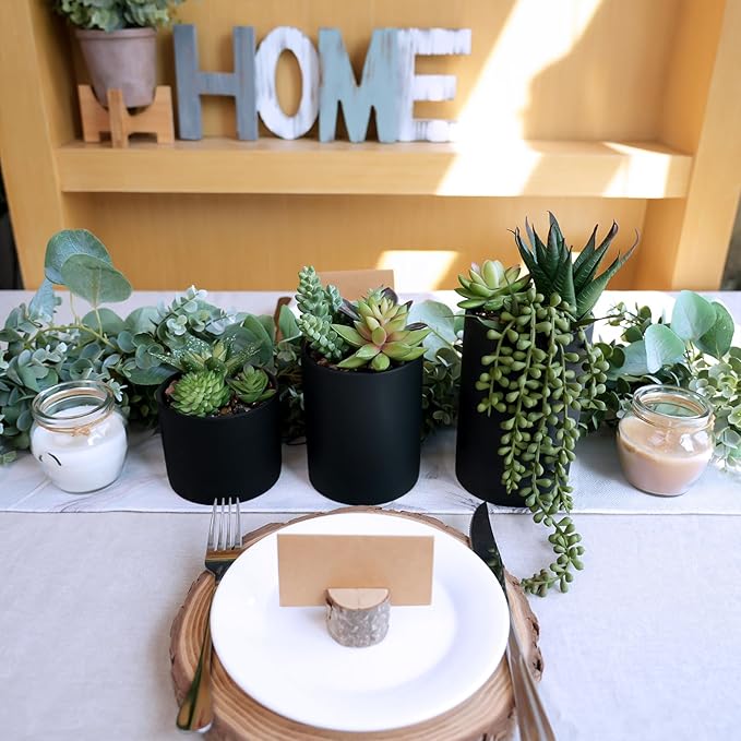 Winlyn Set of 3 Artificial Plants Decor Greenery Fake Succulents Indoor Potted Fake Plant with Black Planter for Farmhouse Room Bathroom Bedroom Kitchen Office Table Desk Decor