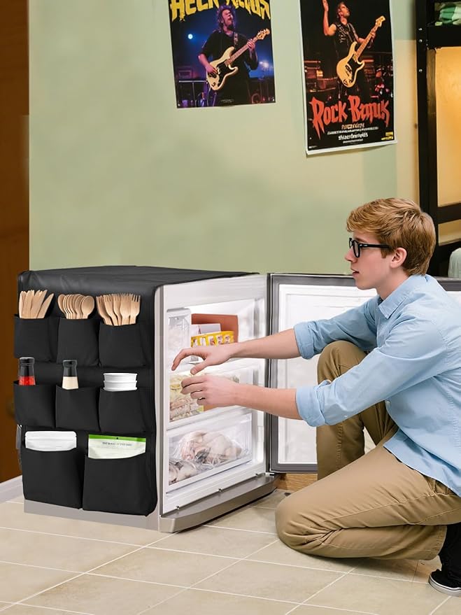 Extended Mini Fridge Caddy Organizer - 55" x 13" Back to School Dorm and Office Over the Fridge Storage Organizer with 12 Pockets for Flatware Drink Paper Goods, College Must Have, Black