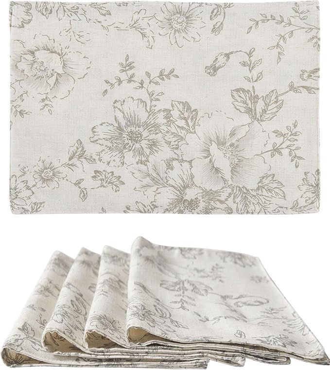 JINCHAN Linen Floral Placemats Set of 4 Farmhouse Cloth Table Mats Holiday Seasonal Rustic for Kitchen Dining Home Decor Washable Tablemats Double Layer Placemats 13x19 Inch Grey