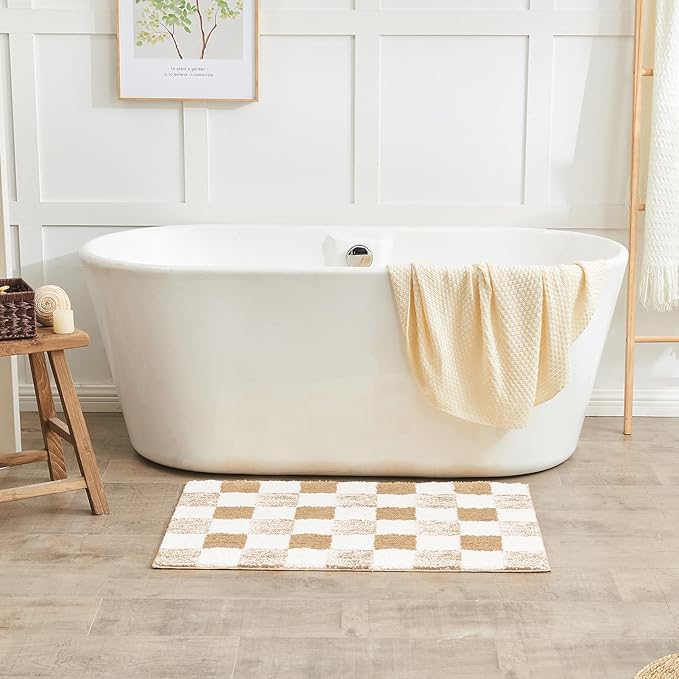 CozeCube Checkered Bath mats for Bathroom Non Slip, Fluffy Absorbent Microfiber Bath mat Washable, Aesthetic Bathroom Rugs, Cute Bath mat for Shower Sink, Beige, 24" x 16"