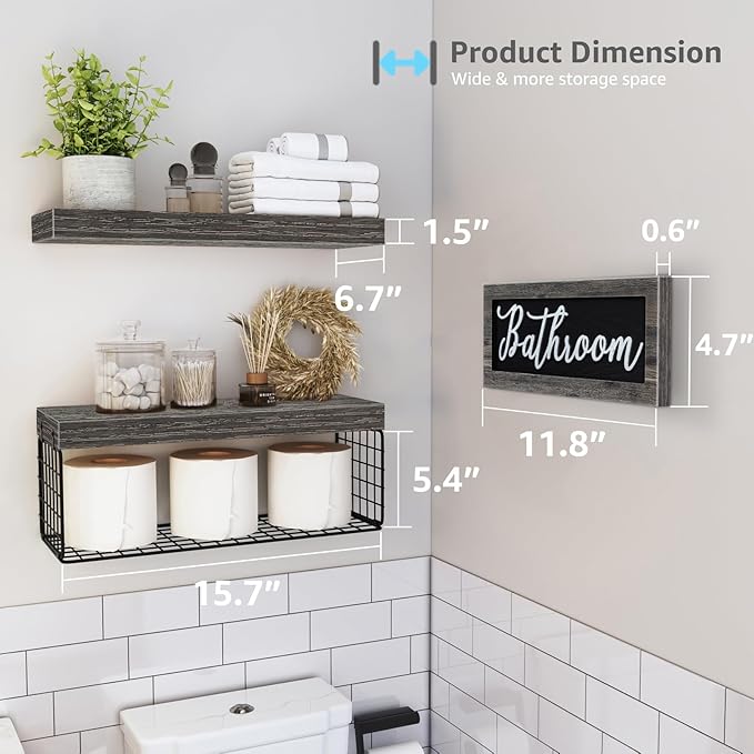 QEEIG Bathroom Shelves Over Toilet - Paper Storage Wall Mounted Farmhouse Decor Decorations Aesthetic Décor Sign Small Floating Shelf 2+1 Set 16 inch, Grey (020GY)