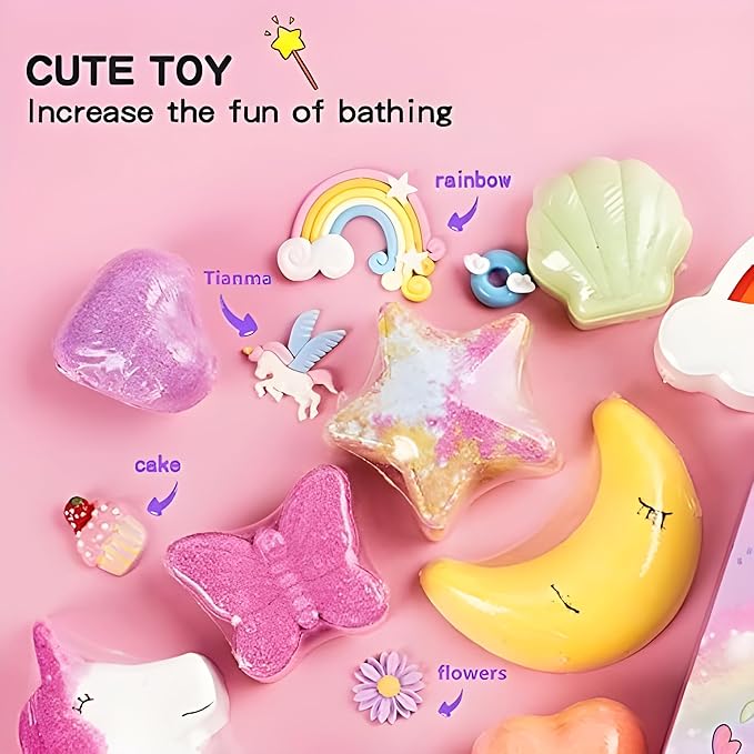 EBS Rainbow Bath Bombs Gift Set, 9 Pcs Handmade Bubble Bath Fizzies, Unicorn Bath Bomb Set for Girls, Natural Organic Bath Bombs Safe for Kids & Toddlers, Gift for Valentine's Day