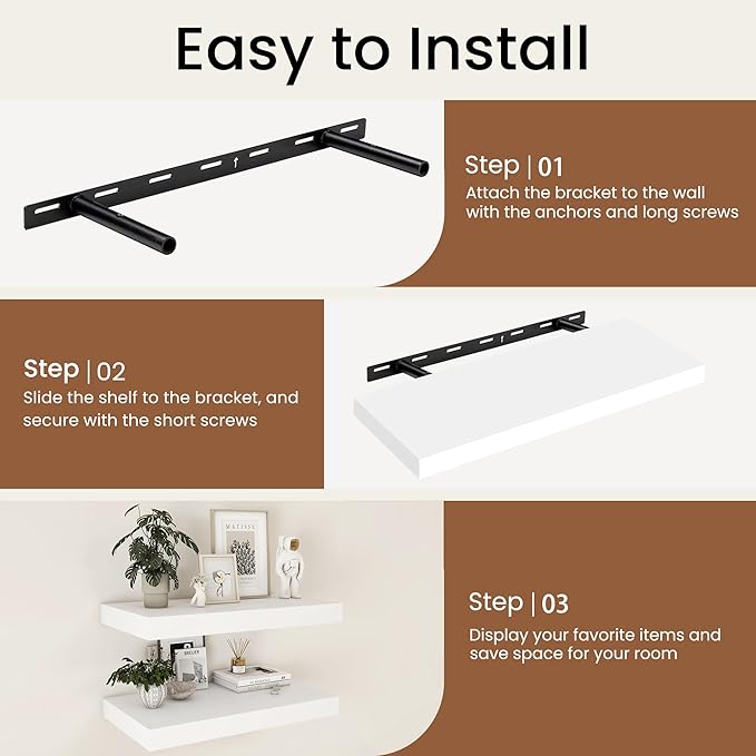 Fun Memories Rustic Floating Shelves for Home Decor, 8 Inch Deep Floating Shelf, Solid Wood Floating Wall Shelves 24 Inch Long, Deep Wall Shelves for Bathroom, Living Room, White Finsh, Set of 2
