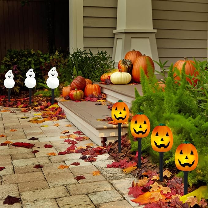 Halloween Pumpkin Pathway Lights Outdoor, Set of 4 Pre-lit Jack-O-Lanterns Pathway Markers Stake Battery Operated Waterproof for Path, Yard, Lawn, Garden, Landscape Halloween Party