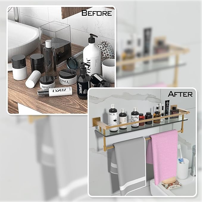 Bathroom Glass Shelf with Towel Bar/Rack 24 inches Wall-Mounted Shelves Tempered Glass Sink Toilet Organizer Shower Towel Decorative Storage (Polished Gold Finish)