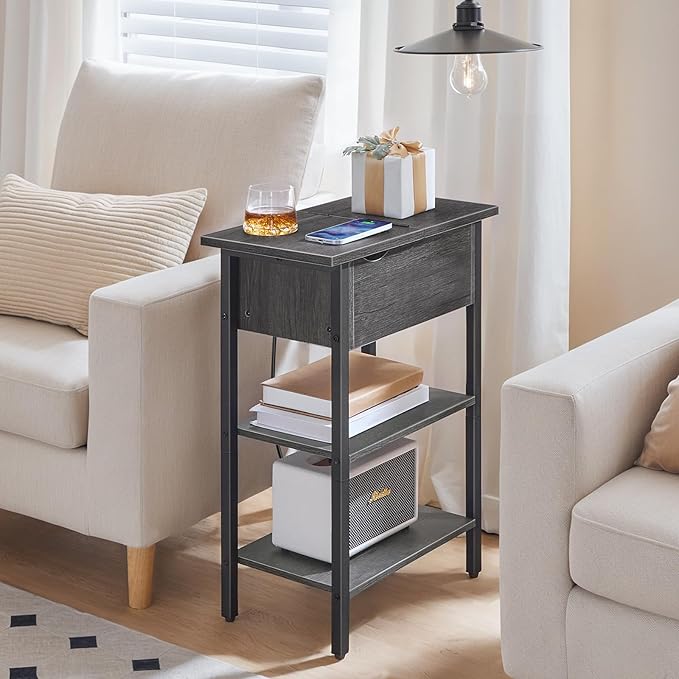 HOOBRO End Table with Charging Station, Narrow Side Table, Flip Top Nightstand with USB Ports and Outlets, Bedside Tables with Shelf for Small Spaces, Living Room, Charcoal Black BC341BZ01