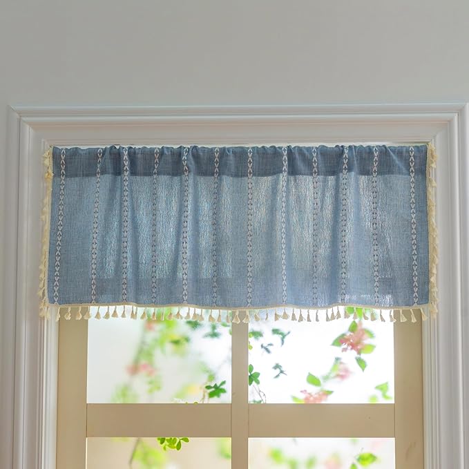 Sutuo Home Boho Farmhouse Curtains Valance 18 Inches Long for Kitchen Windows, Bohemian Short Curtains Light Filtering Vintage Tassels Long Embroidery Stripes, Rod Pocket 1 Panel 52" W x 18" L, Blue