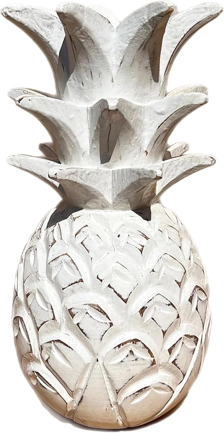 9 1/2" Solid Wood Pineapple Decor - Tabletop Bar Counter Decorative Tropical Art Display Sculpture - White Distressed Finish