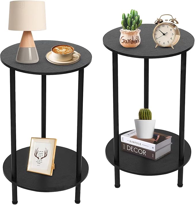 Round Side Table Set of 2, 2-Tier End Table, Small Round Nightstands with Storage Shelf, Modern Accent/Coffee/Bedside Table for Living Room, Bedroom-Black