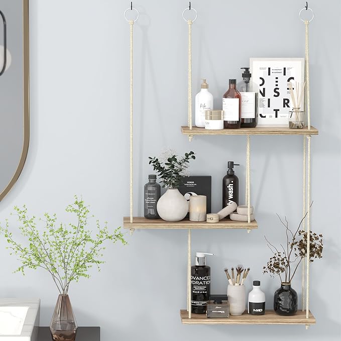 Fixwal Hanging Shelves for Wall, 3 Tier Boho Wall Decor Plant Rack Floating Shelves Rope Rustic Wood Organizer Storage Hanger for Aesthetic Home Bedroom Kitchen Bathroom- Rustic Brown