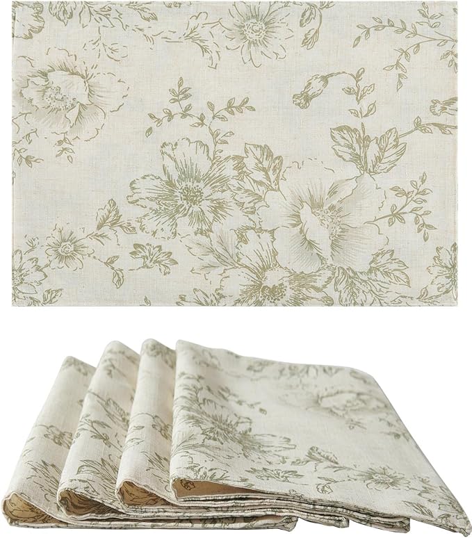 JINCHAN Floral Placemats Set of 4 Farmhouse Fall Autumn Linen Placemats Cloth Table Mats Holiday Seasonal Rustic for Kitchen Dining Table Decor Heat Resistant Washable Tablemats 13x19 Inch Green