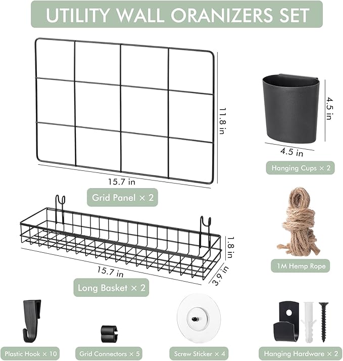 Floating Shelves Wall Organizer - 2-Tier Modular Grid Baskets Shelf Multi-Purpose Wall Mount Cups Holders No Drill Adhesive Hanging Accessories for Dorm Room Bedside Office RV Vanity Storage (Black)