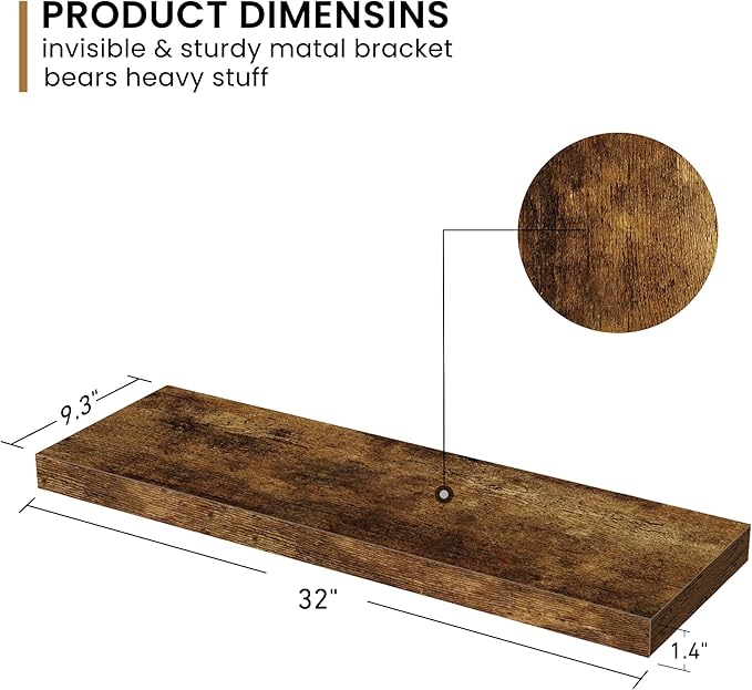 32Inch Floating Shelves, 9.3Inch Deep Rustic Wall Shelves - Extra Deeper & Thicker Wall Mounted Storage Shelf for Kitchen, Farmhouse - Set of 2 - Rustic Brown