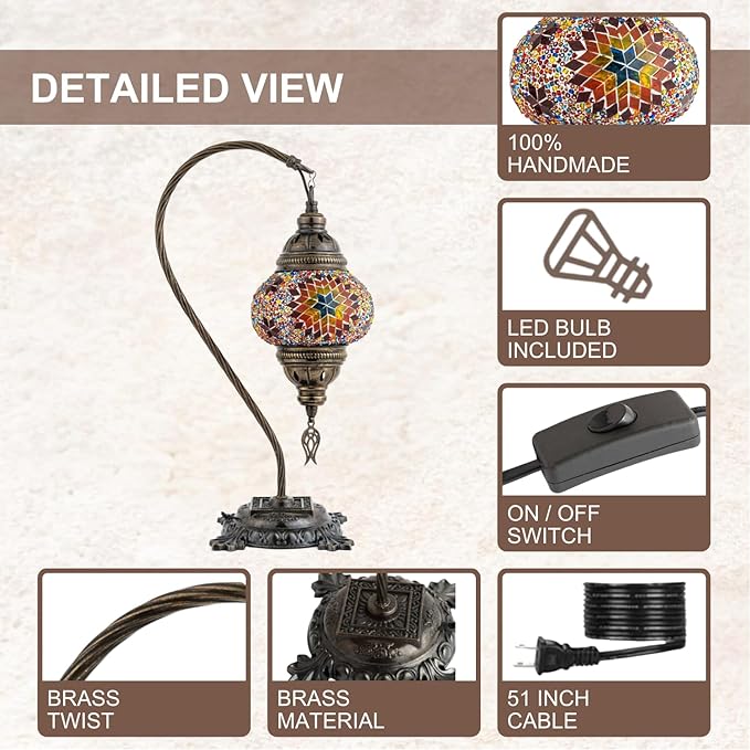 Kafthan Turkish Moroccan Mosaic Lamp – Handmade Glass Swan Neck Bedside Lamp with Antique Brass Base, Ideal Decor for Bedroom, Office, Living Room – Bulb Included (Multicolor Center Star)
