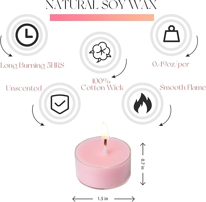 12 Unscented Natural Soy Tealight Candles in Clear Cups, 5H Long Clean Burning, Hand-Poured Pink Mini Tea Candle Set for Parties, Spa, Meditation, Gift, Holiday, Emergency, Home Decor