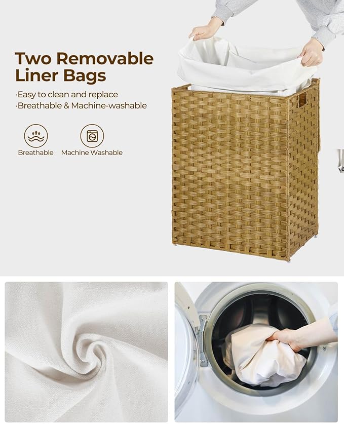 GREENSTELL Laundry Hamper with Lid, 60L Clothes Hamper with 2 Removable Liner Bags & 2 Mesh Laundry Bags, Handwoven Synthetic Rattan Laundry Basket for Clothes, Toys in Bathroom, Bedroom Natural